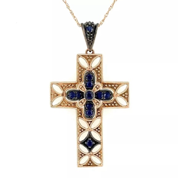 Le Vian Roberto Ricci 14K Gold Natural Blue Sapphire Cross Pendant Necklace NWT - Picture 1 of 16